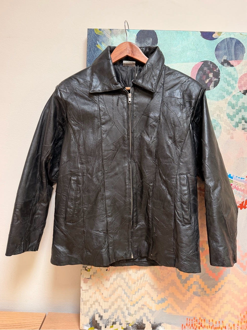 FLIGHT PATH Patchwork Leather Bomber Motorcycle Jacket Mens Size S Black